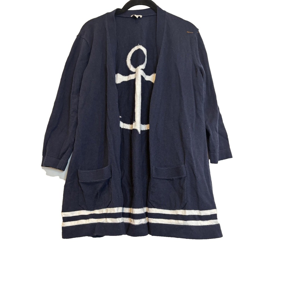 Talbots sz M navy open front‎ cartigan sweater anchor nautical coastal #2048
